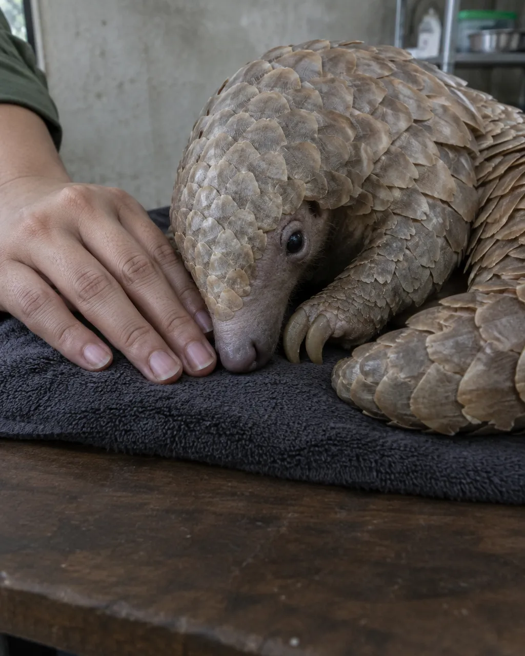 Una mano humana descansa sobre una mesa de madera junto al lomo de un pangolín enrollado sobre una toalla, con las uñas al lado de las escamas
