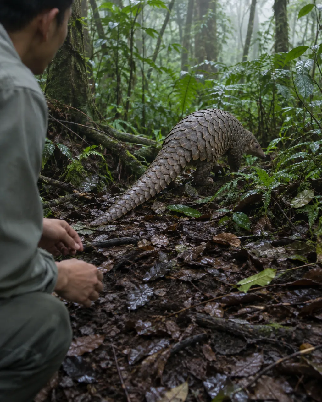 En un bosque húmedo, un cuidador agachado, con el rostro fuera de cuadro, acaba de retirar las manos de un pangolín que queda sobre el suelo