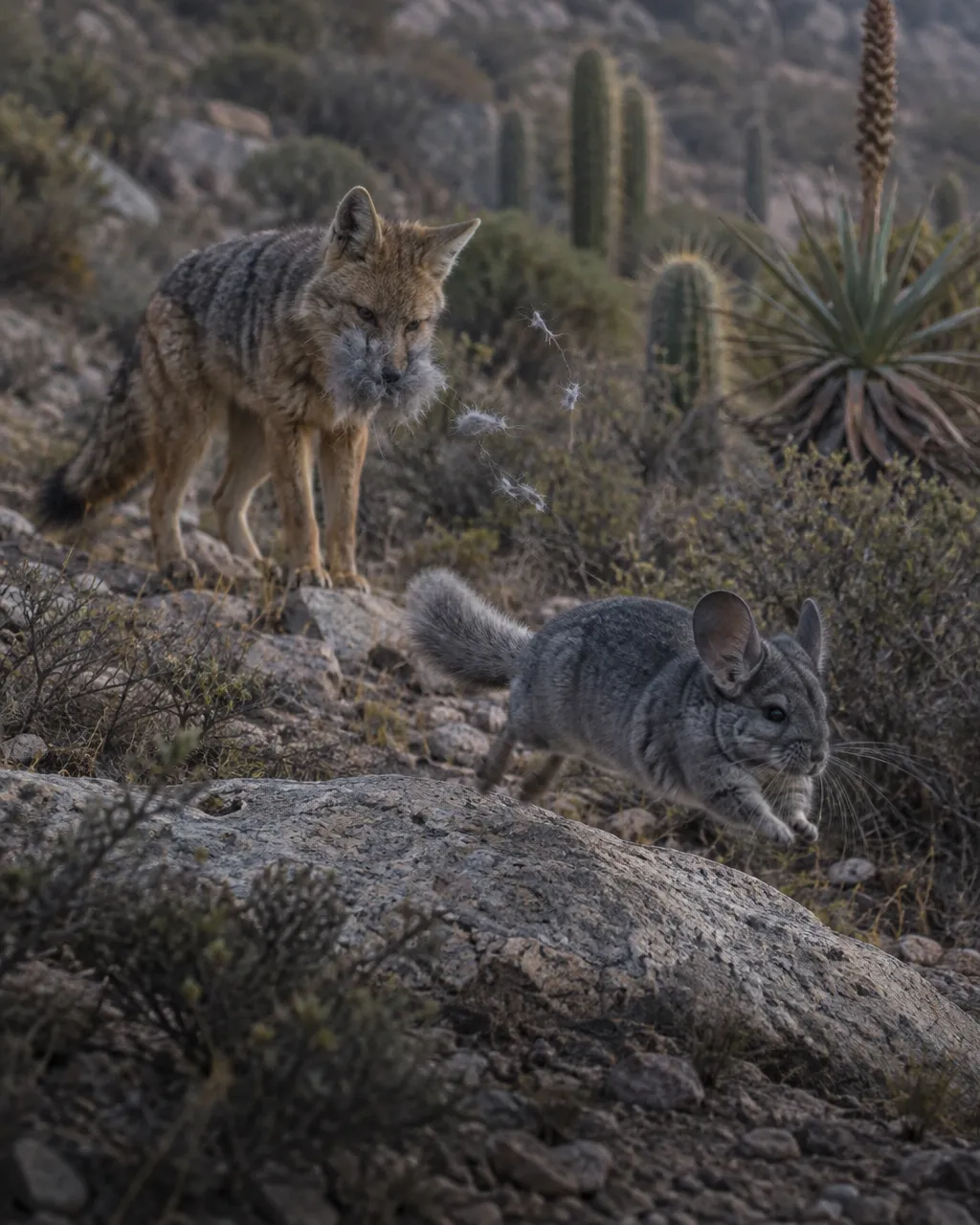 Chinchilla de cola larga a mitad de un salto sobre una roca clara, en una ladera seca al anochecer