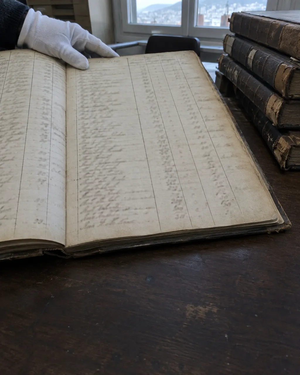 Libro de registros del siglo XIX abierto sobre una mesa de madera, con columnas de anotaciones manuscritas en tinta desvaída