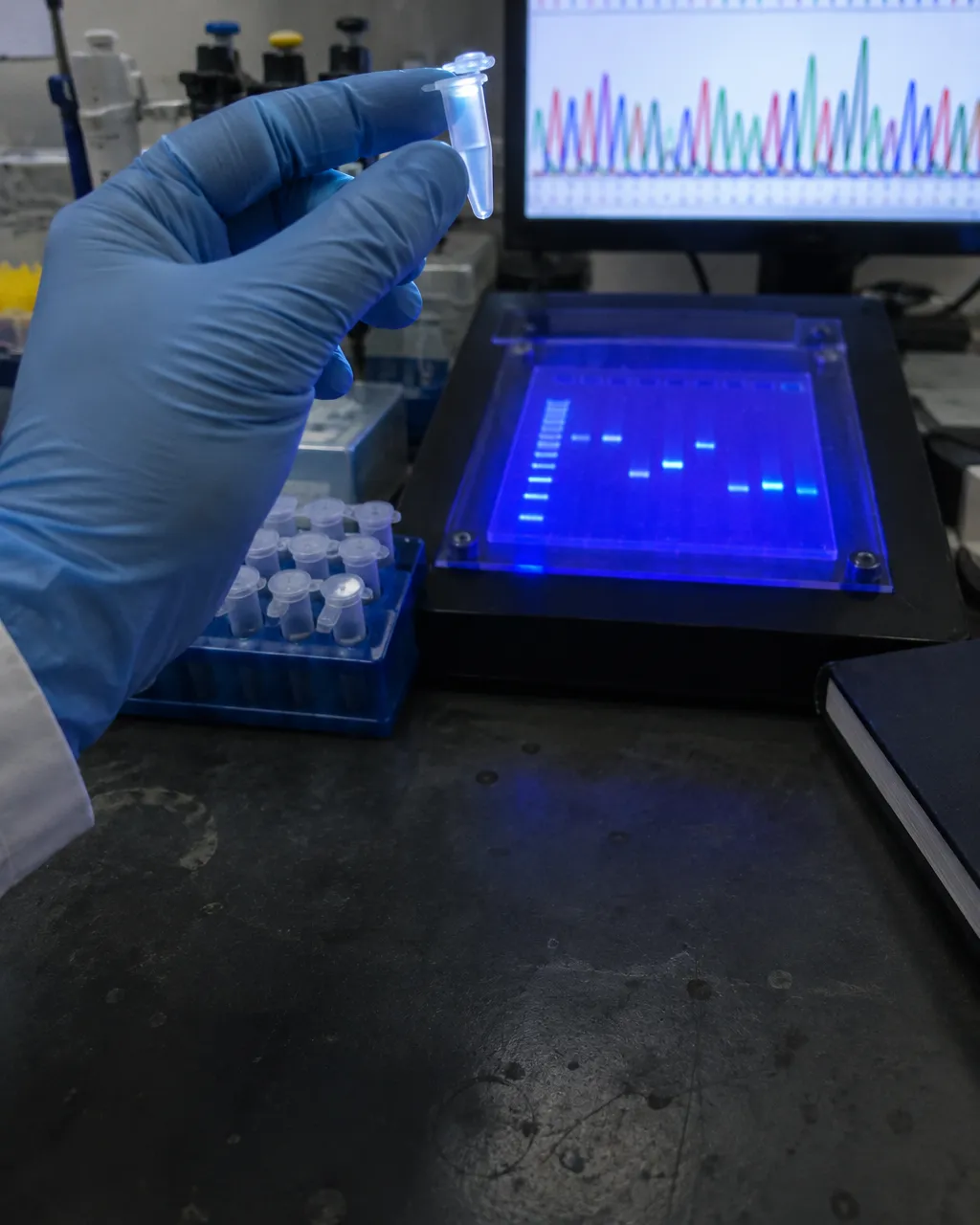 Mano con guante que sostiene un tubo sellado junto a un gel de ADN con bandas iluminadas y una pantalla con picos de colores, en un laboratorio de genética