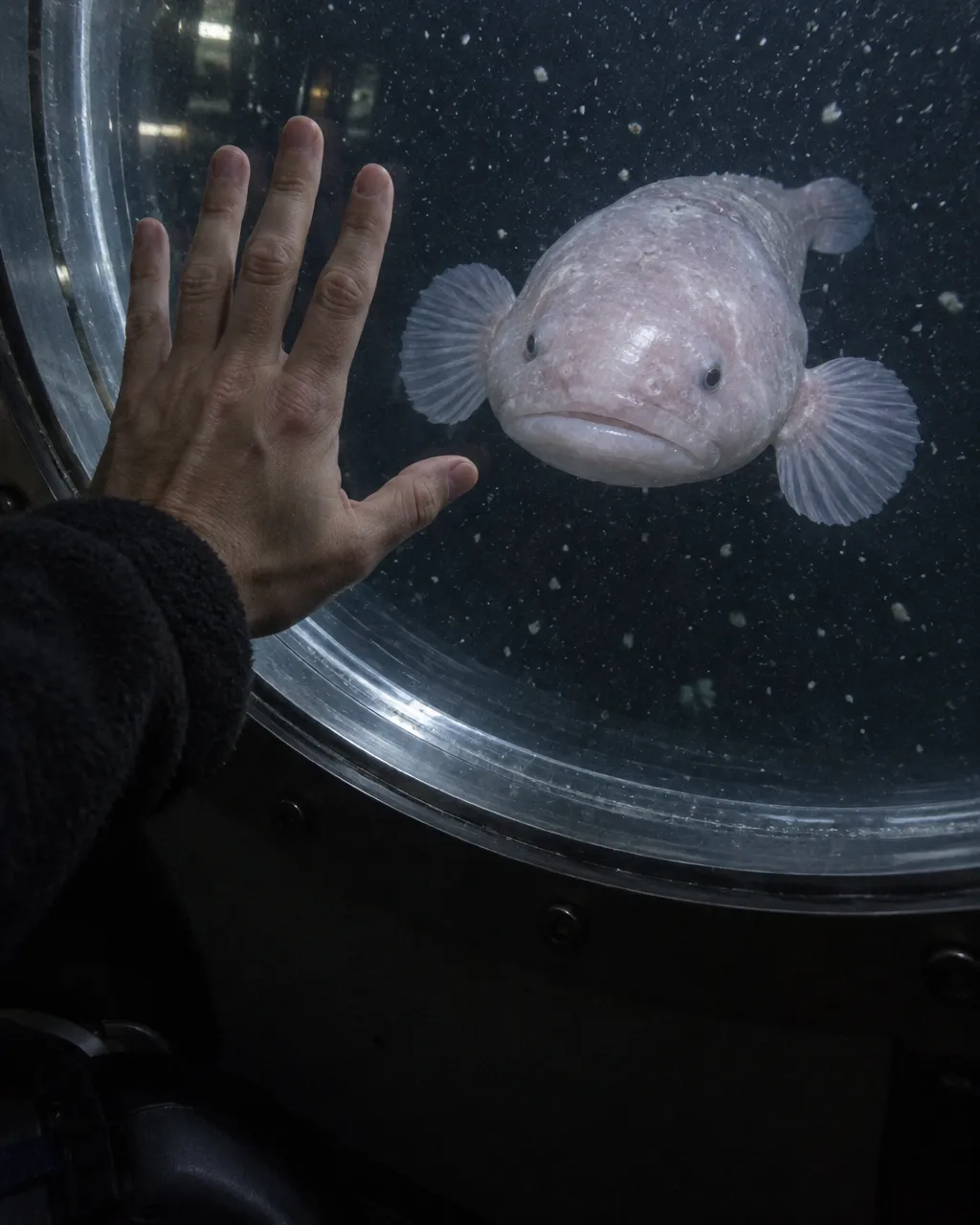 Mano de un piloto apoyada en la gruesa ventanilla redonda de un sumergible de aguas profundas, con el borde metálico y la oscuridad del mar al otro lado