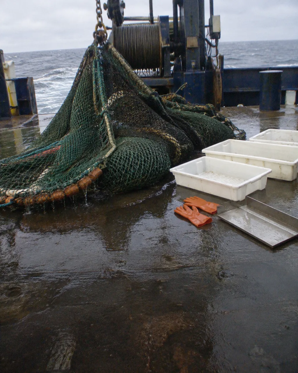 Red de arrastre vacía y mojada amontonada sobre la cubierta de acero de un buque de investigación, con cables y un tambor de cabrestante detrás y el mar gris al fondo