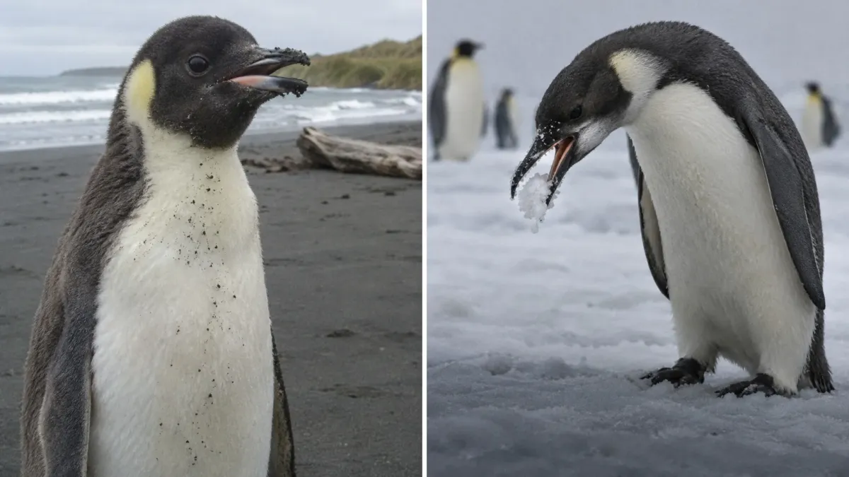 A más de 3.000 km de la Antártida, un pingüino emperador tragaba arena esperando que se derritiera como la nieve