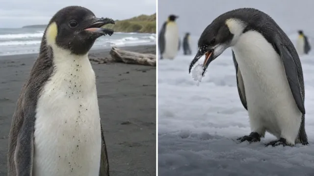 A más de 3.000 km de la Antártida, un pingüino emperador tragaba arena esperando que se derritiera como la nieve