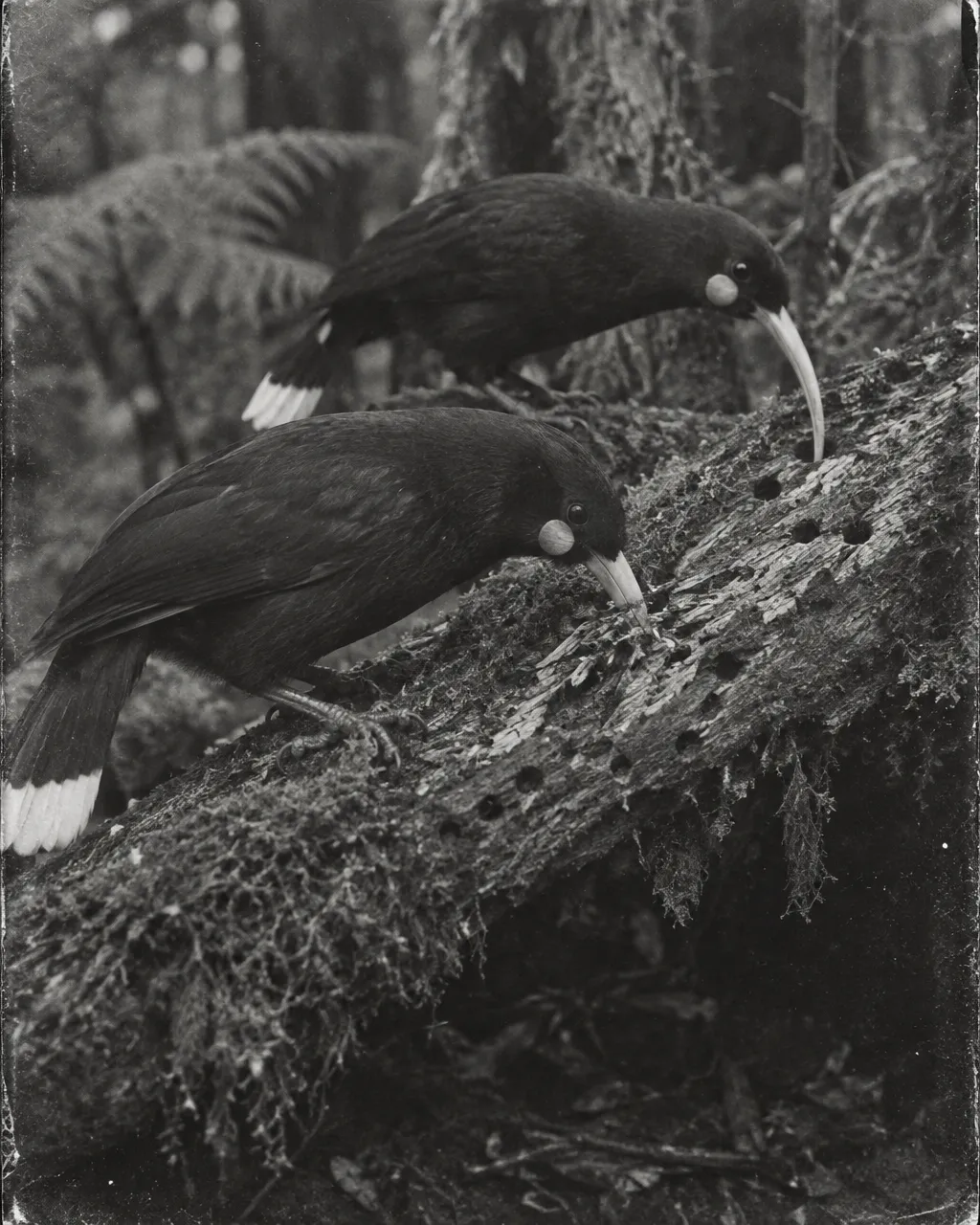 Fotografía en blanco y negro de aspecto antiguo de un tronco caído cubierto de musgo, podrido y abierto, lleno de agujeros y galerías de larvas, en un bosque nativo