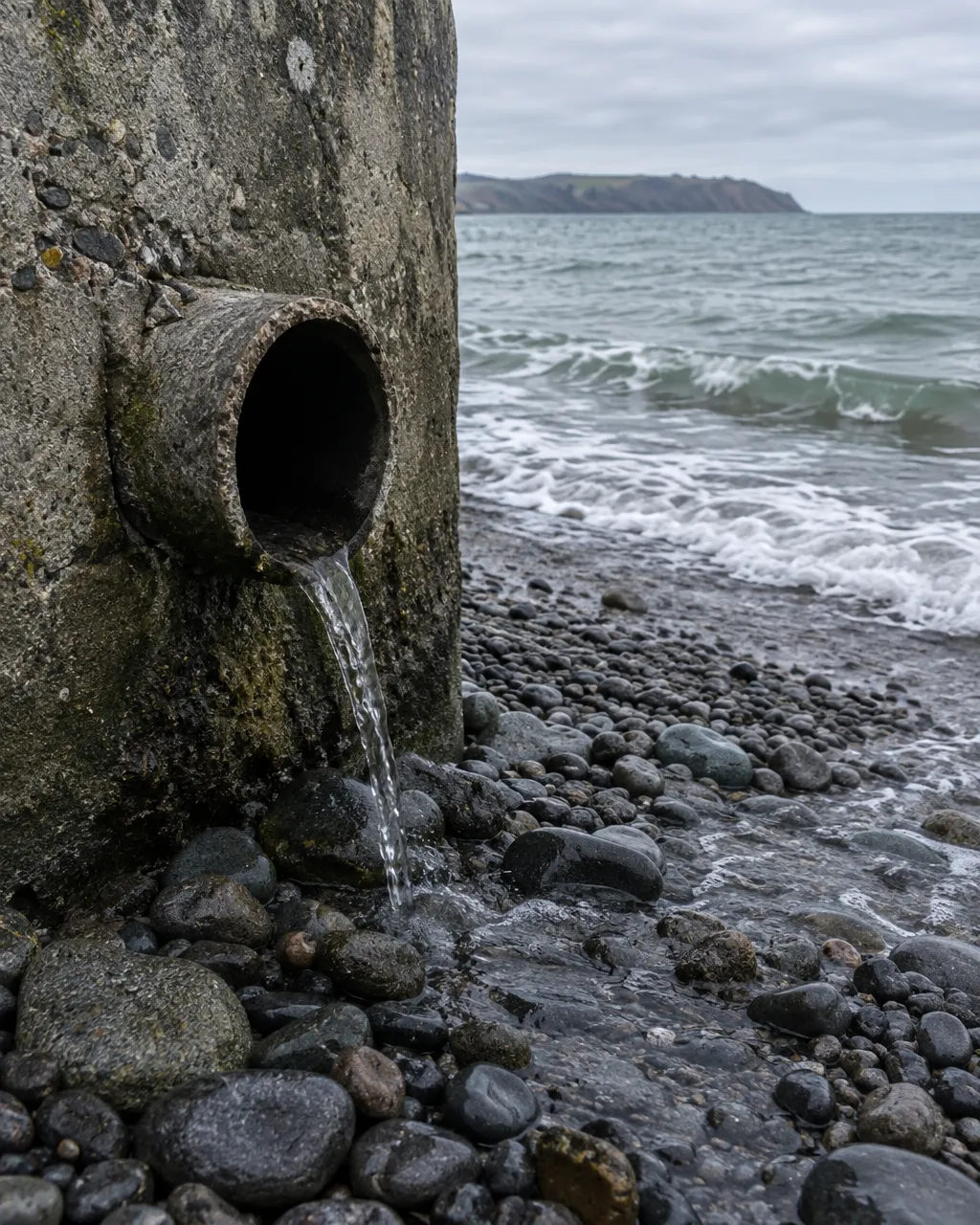 La boca de un tubo de desagüe estrecho sale de un viejo muro de concreto junto a una playa de grava gris; un hilo de agua corre sobre las piedras hacia las olas