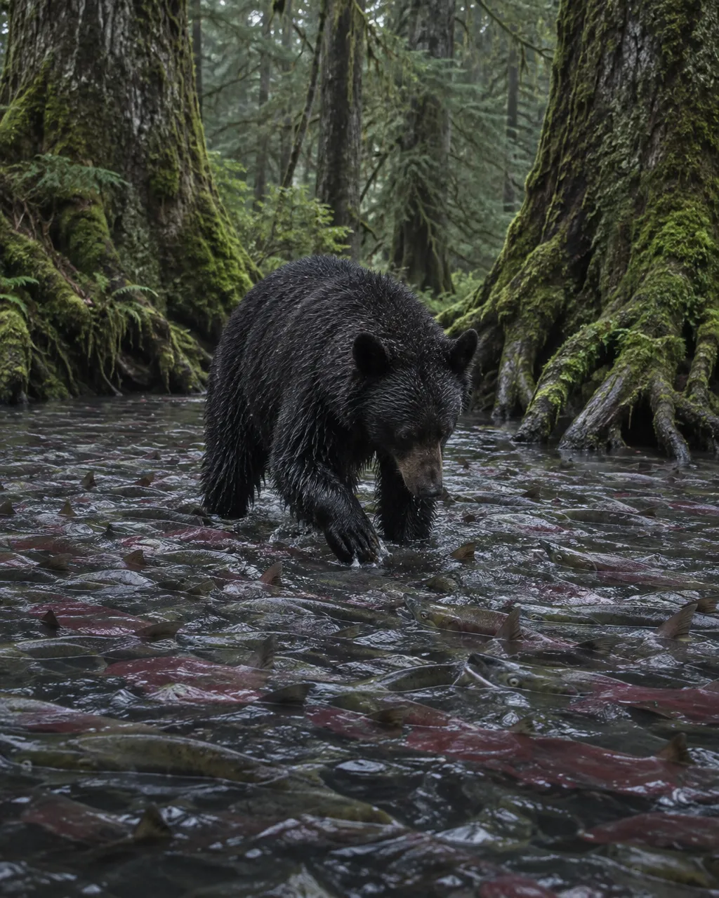Arroyo angosto y poco profundo entre píceas cubiertas de musgo, lleno de orilla a orilla de cientos de salmones de lomo oscuro y rojizo, bajo la luz gris de un día de otoño
