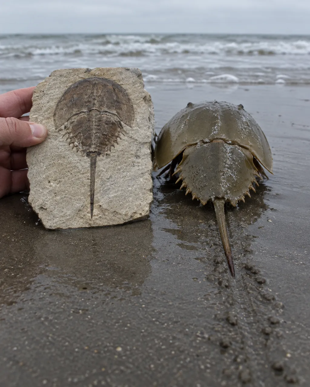 Una mano apoya sobre la arena mojada de una playa una losa de piedra caliza clara con la huella fósil de un cangrejo herradura, junto a un ejemplar vivo de tamaño parecido