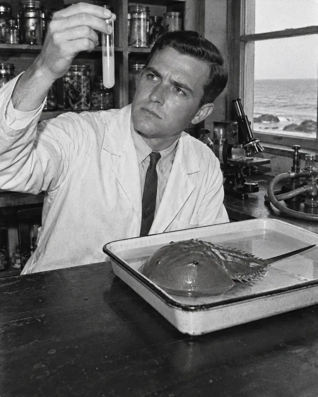 Fotografía en blanco y negro, al estilo de los años 50, de una persona con bata de laboratorio y corbata que sostiene un tubo de ensayo boca abajo frente a una mesa de laboratorio junto al mar