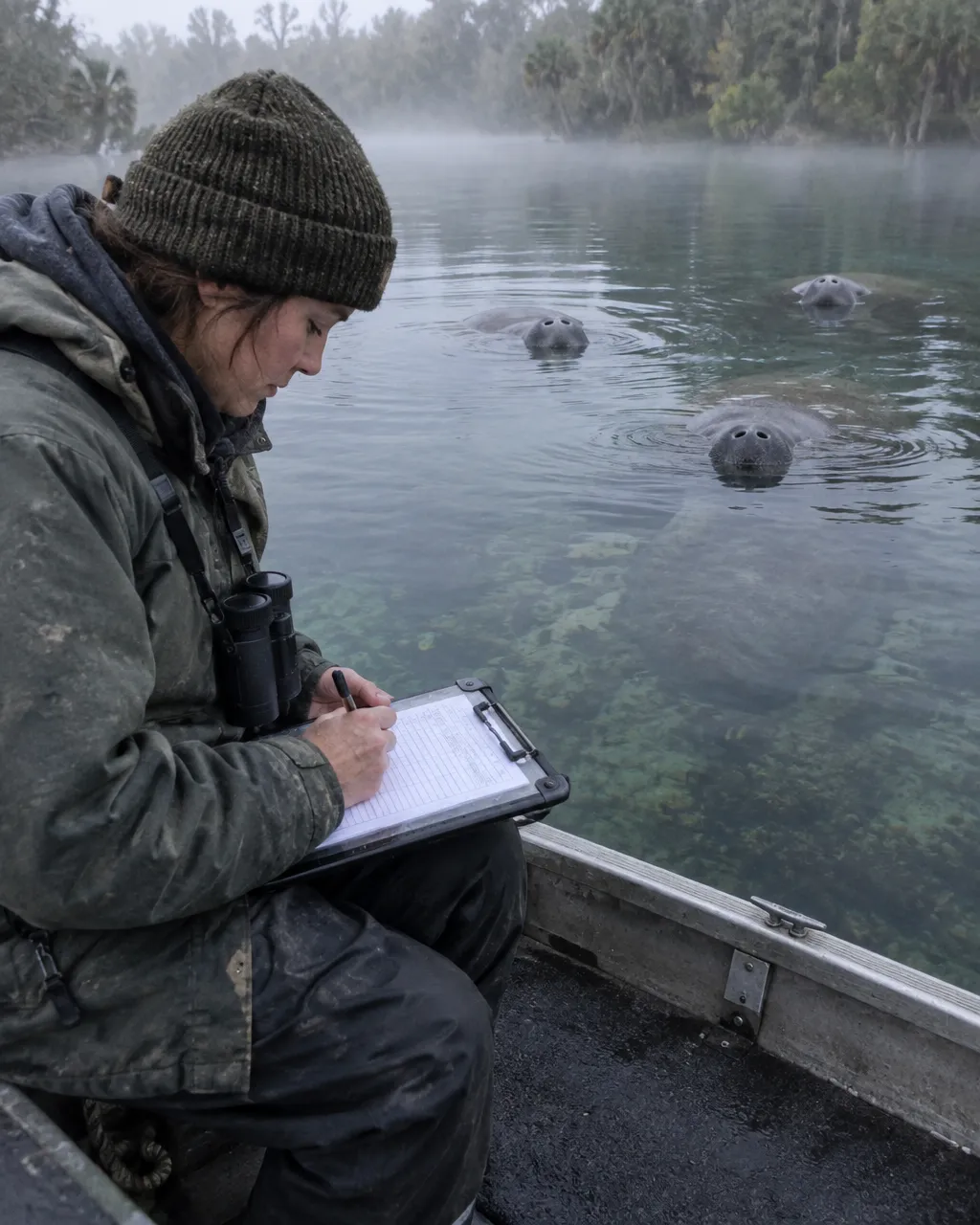 Una persona con chaqueta de invierno y gorro de lana anota en una tablilla desde un bote de aluminio, en un manantial con neblina, mientras tres hocicos de manatí asoman en el agua clara