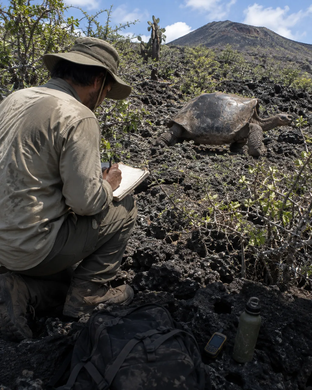 Un guardaparques con sombrero de ala ancha y camisa caqui, arrodillado sobre lava negra entre matorrales espinosos, escribe en una libreta de campo