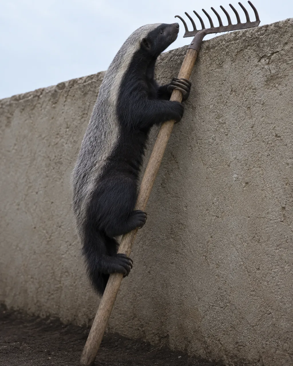 Un tejón de la miel adulto de cuerpo bajo y negro, manto gris claro y garras largas y curvas, a la luz plana del lowveld sudafricano