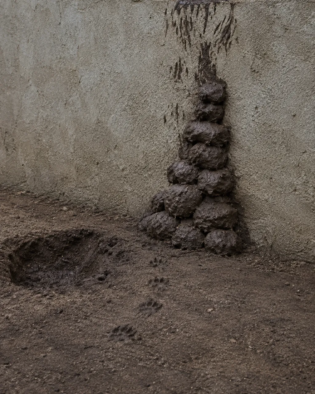 Bolas de barro oscuro amontonadas al pie de un muro de recinto alto y revocado, sin ningún animal a la vista