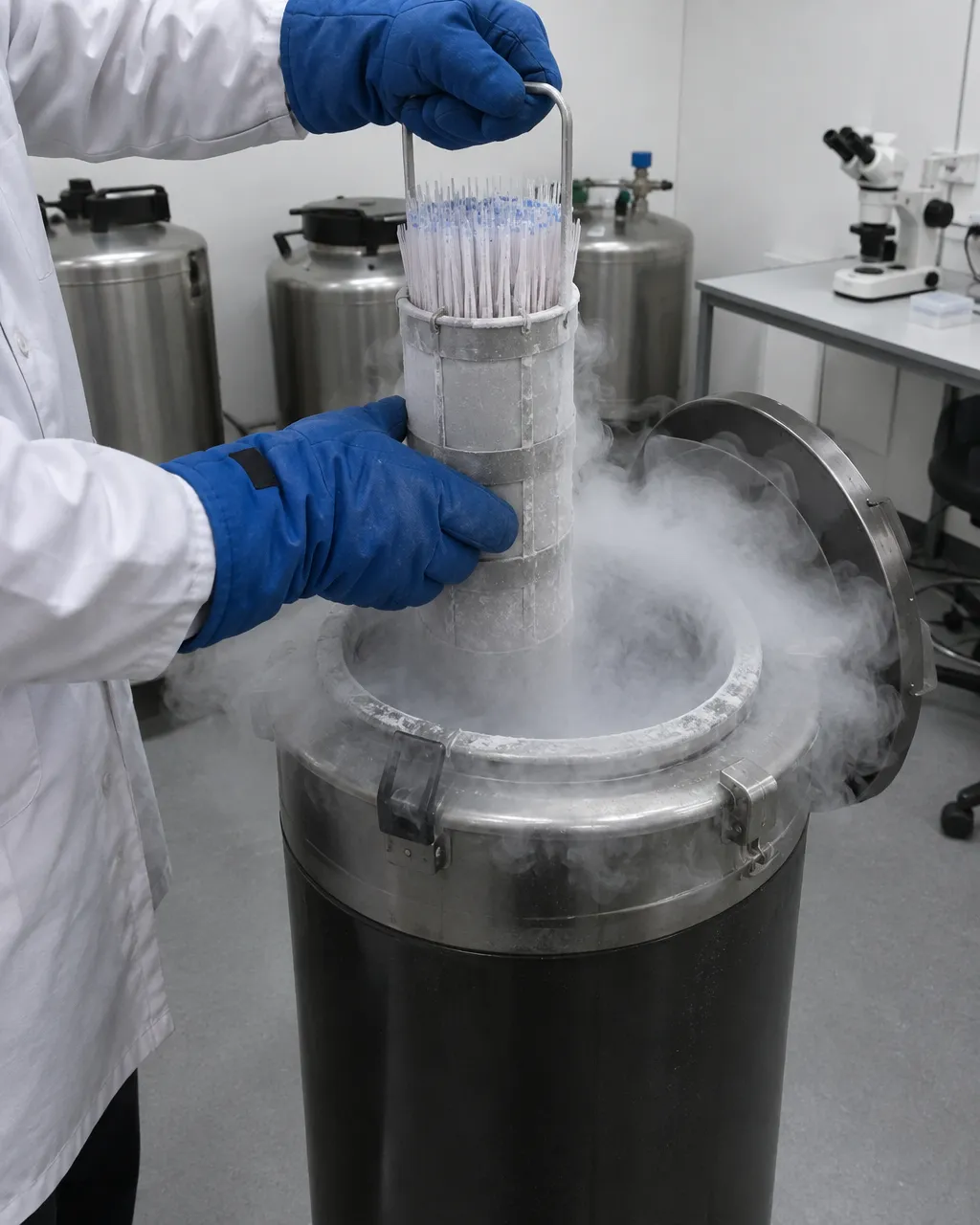 Manos con guantes sacan un soporte con pajillas de un tanque de nitrógeno líquido del que sale vapor frío, en un laboratorio de reproducción