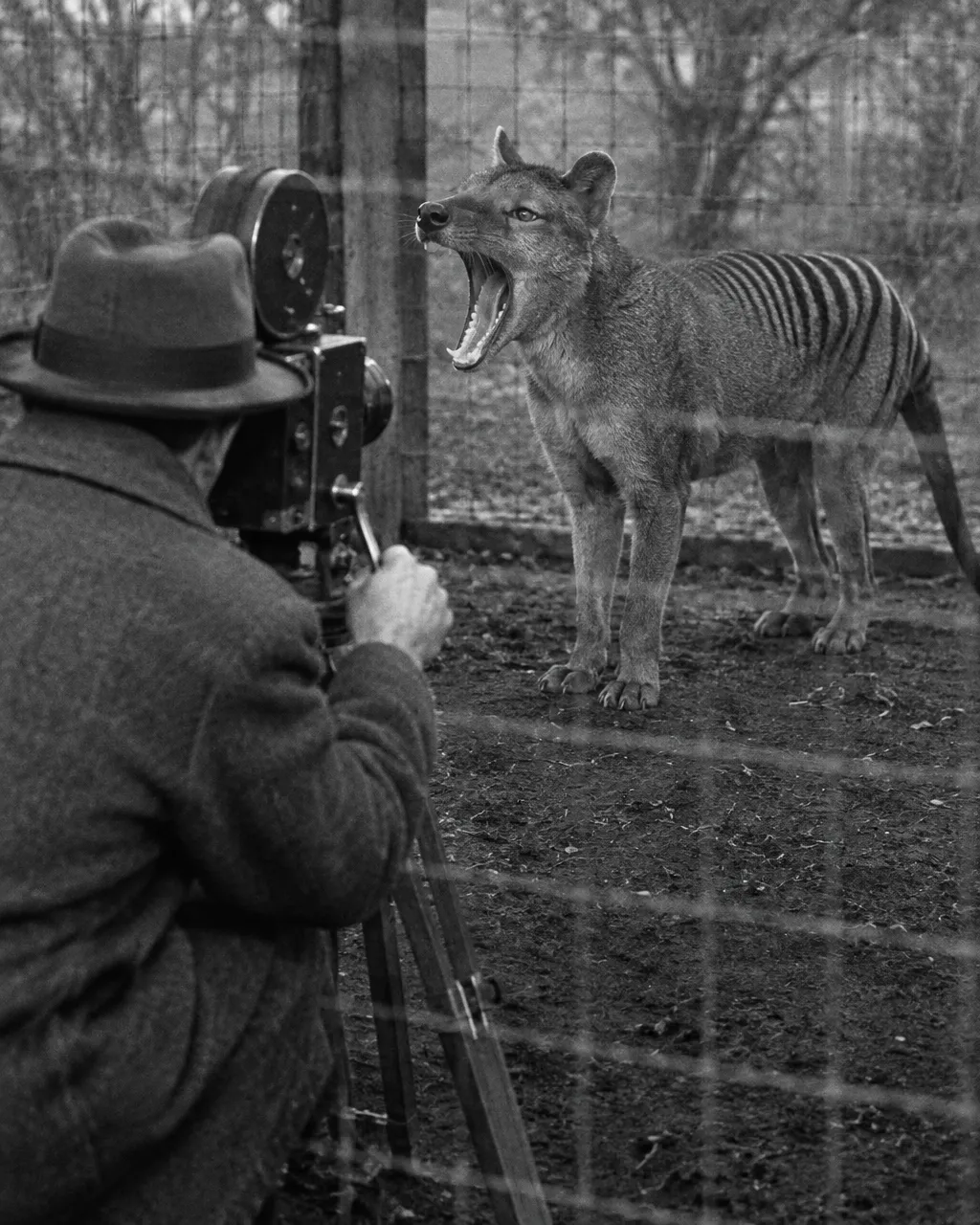 Naturalista con abrigo de lana y sombrero, de espaldas y agachado, en una foto granulada en blanco y negro