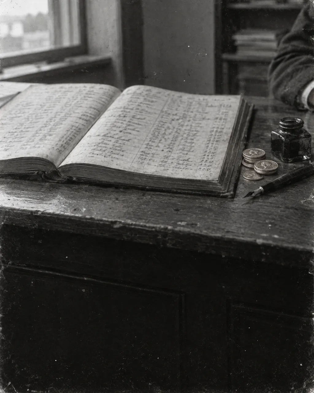 Libro de registro encuadernado, abierto sobre un mostrador de madera gastada en una oficina colonial, en blanco y negro