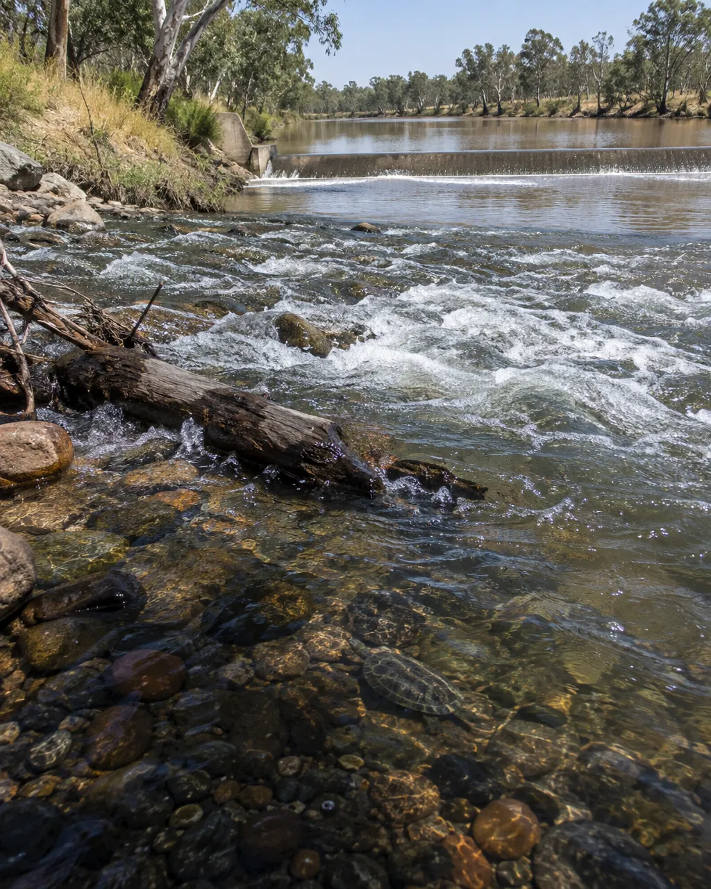 Rápido poco profundo en un río de Queensland: agua clara que corre agitada sobre grava y piedras redondeadas, un tronco semisumergido y eucaliptos con pasto seco en la orilla.