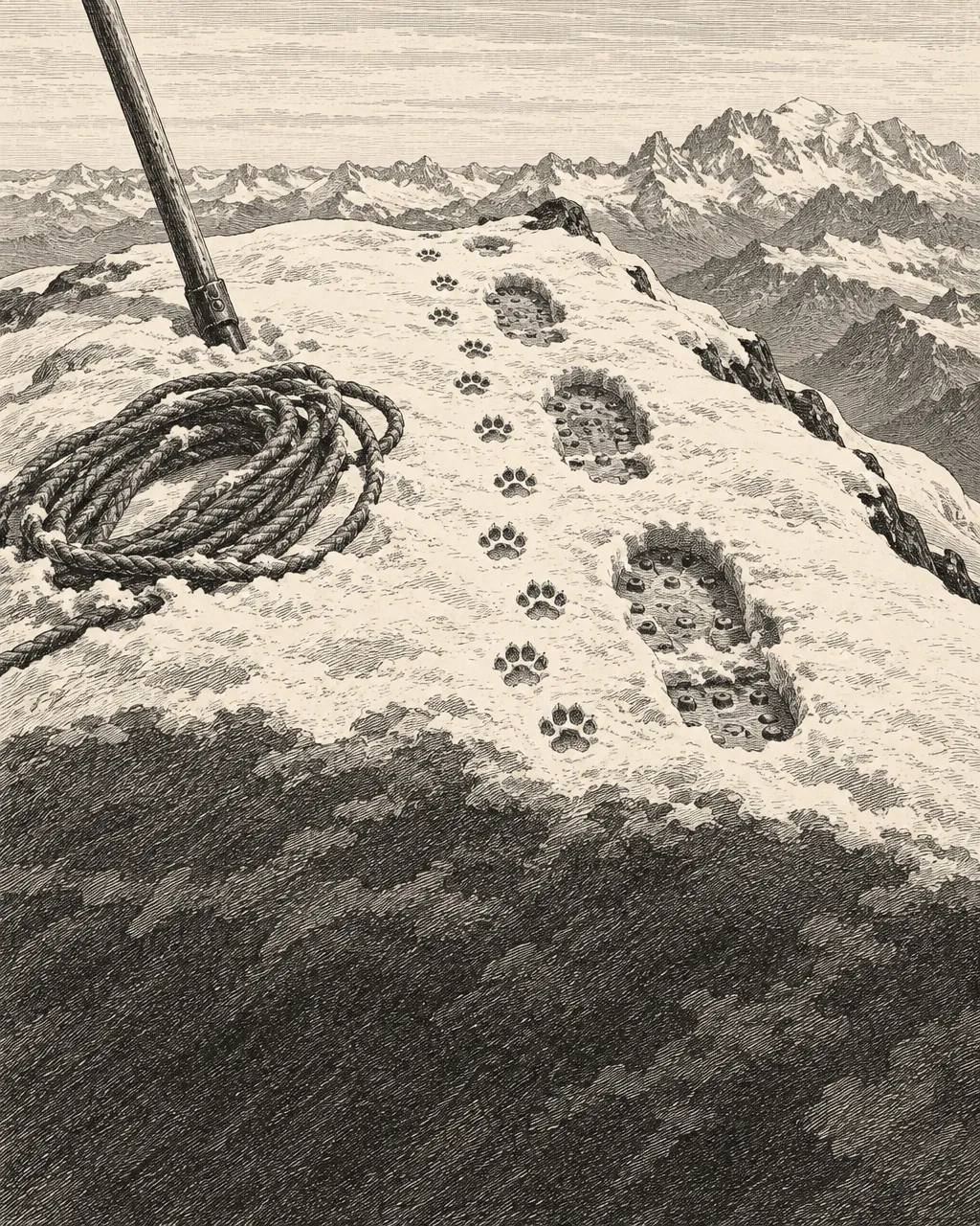 Grabado en tinta negra de pequeñas huellas de perro junto a las de botas de montaña con clavos, subiendo por una arista nevada, junto a una cuerda de cáñamo enrollada