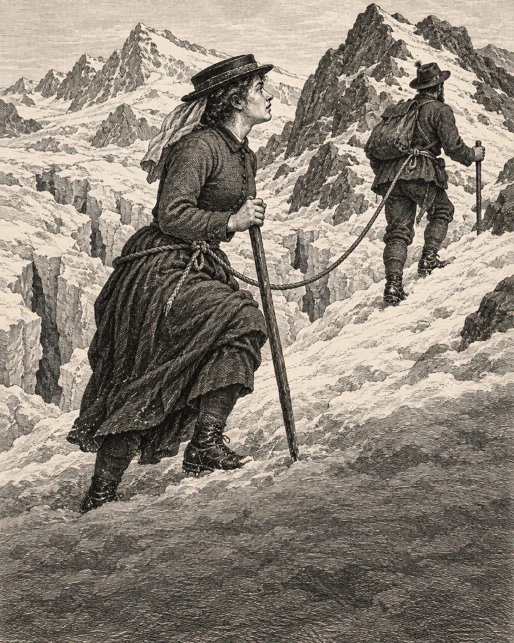 Grabado de una alpinista de los años 1870 con falda larga de lana, chaqueta ajustada y botas de clavos, subiendo por un paso glaciar nevado en los Alpes suizos