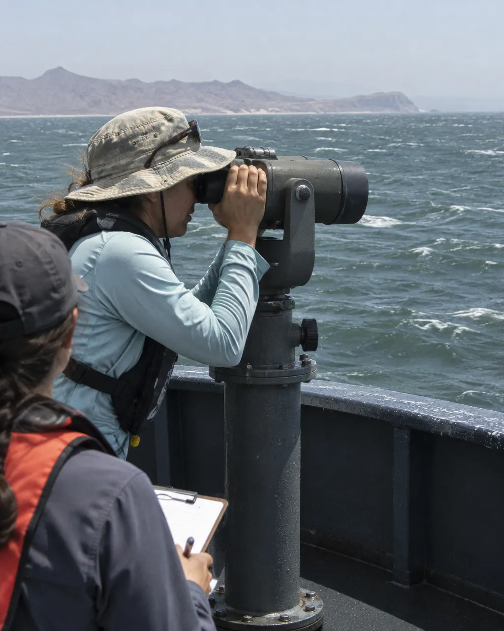 Observador con sombrero, camisa de manga larga y chaleco salvavidas mira por unos binoculares gigantes montados en un pedestal, en la cubierta de un barco frente a un mar picado