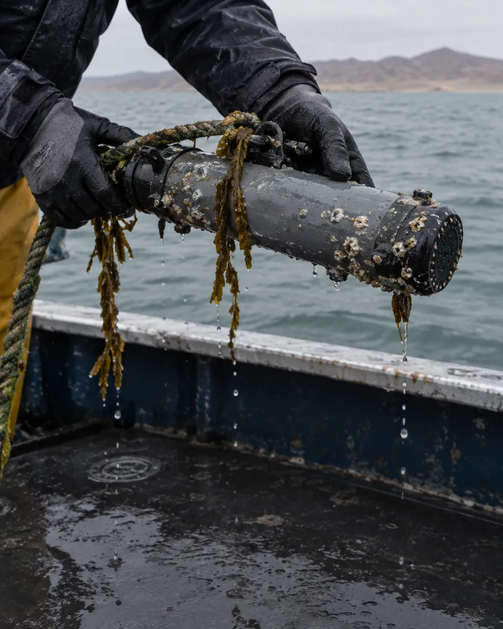 Manos con guantes sostienen, sobre la cubierta mojada de un barco, un detector acústico cilíndrico recién sacado del mar, con algas, restos de percebes y una cuerda de amarre